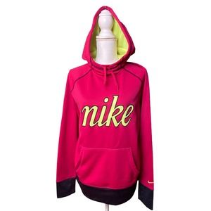 NIKE Therma-Fit Women’s L Hot Pink/Yellow/Gray Scuba Hoodie Pullover Sweatshirt